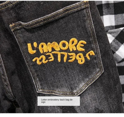 Luxury Korean Streetwear Slim Fit Denim Jeans – Punk Style with 3D Embroidery for Spring & Autumn
