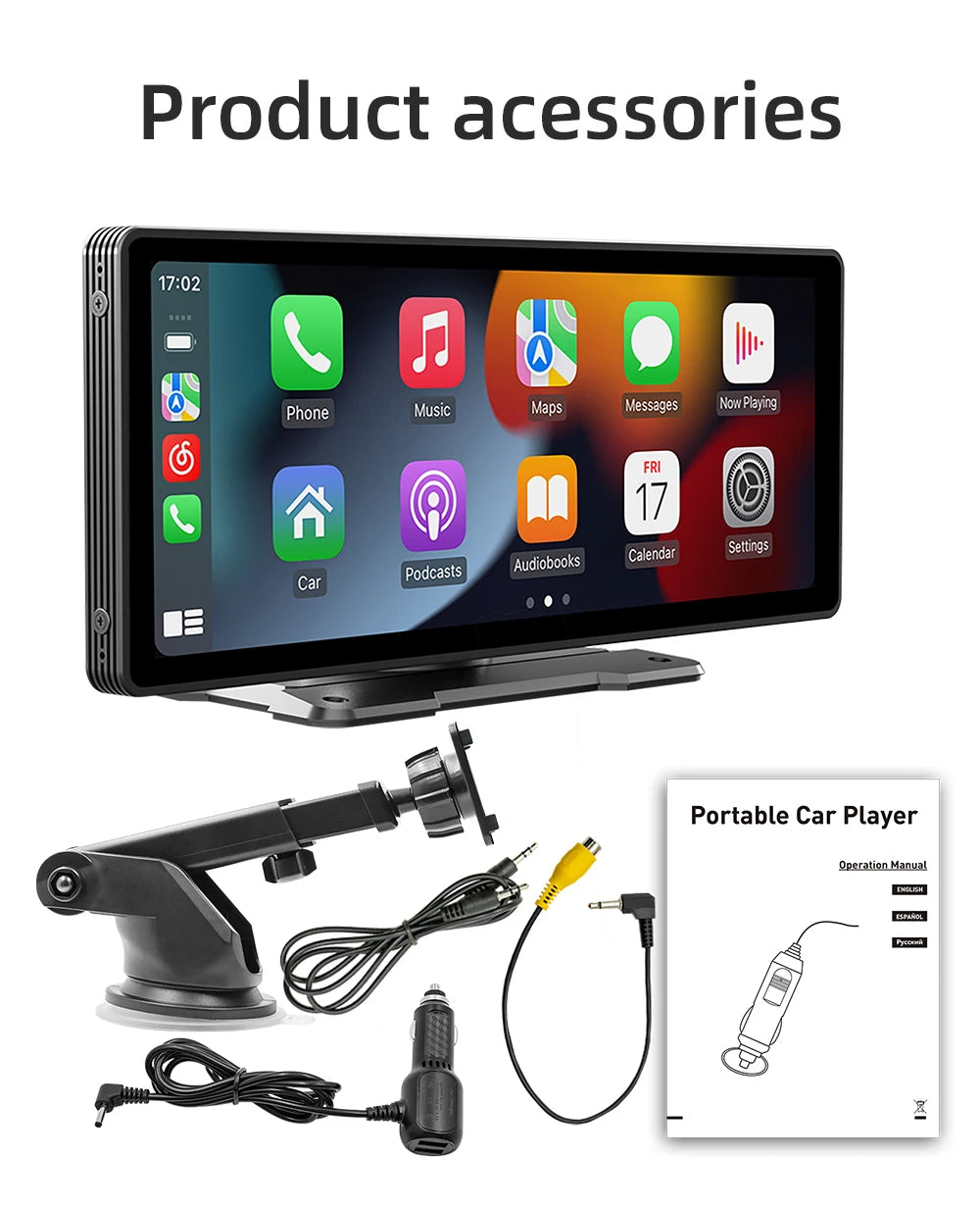BQCC 10.26-Inch Portable Wireless CarPlay Screen – HD Rearview Camera, Car Radio DVR, MP5 Multimedia Player, Android Auto