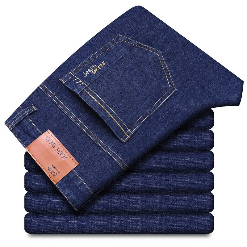 Men’s Casual Comfortable Jeans – Straight Loose Fit High Waist Elastic Trousers for All Seasons & Office Wear
