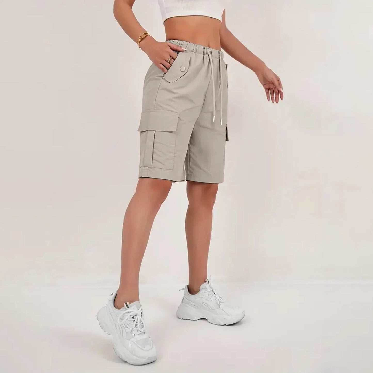Women’s High-Waisted Cargo Shorts - Loose Straight-Leg Drawstring Sports Shorts with Multiple Pockets