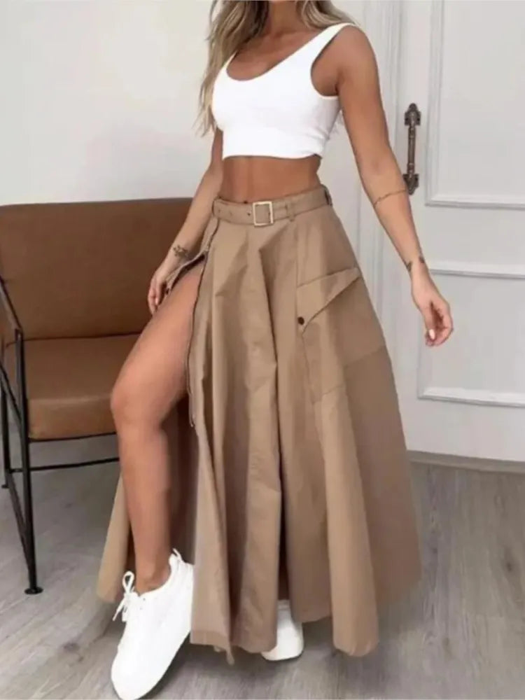 Women’s Summer High Waist Skirt Set – Solid Casual White Tank Top & High Slit Maxi Skirt with Belt and Pockets