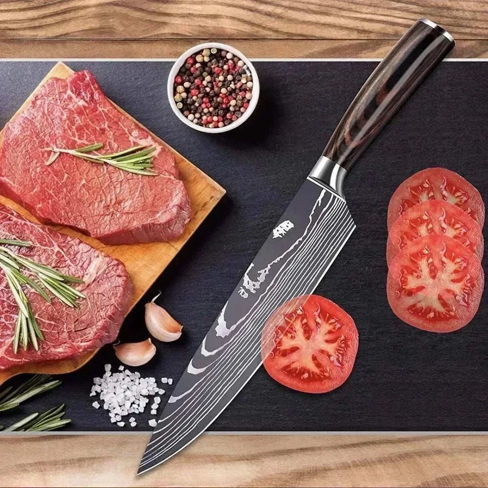Laser Damascus Kitchen Knife Set – Cleaver, Meat, Fruit, Bread, Boning Knife and Chicken Scissors for Barbecue and Home Cooking
