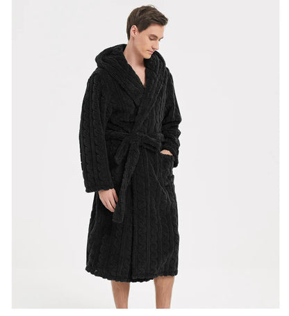 Men’s Fall & Winter Warm Hooded Robe – Thickened Cotton Velvet Jacquard Homewear for Couples