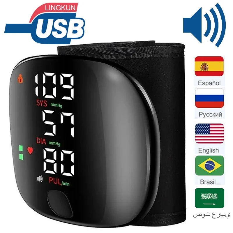 LED Rechargeable Wrist Blood Pressure Monitor – English, Russian, Portuguese, Spanish Voice Broadcast Tonometer