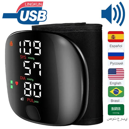 LED Rechargeable Wrist Blood Pressure Monitor – English, Russian, Portuguese, Spanish Voice Broadcast Tonometer
