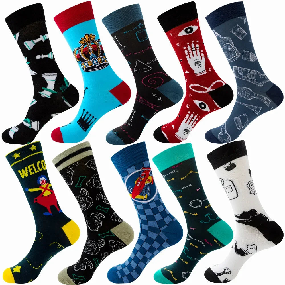 10-Pair Big Size Crew Socks Pack - 38 Style Funny Rhombus Casual Fashion Socks for Men