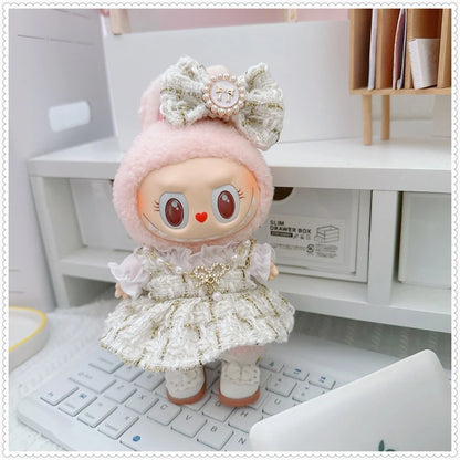 Labubu Doll Accessories — 17cm Luxury Woolen Shawl Suit & Skirt Set with Messenger Bag & Loafers