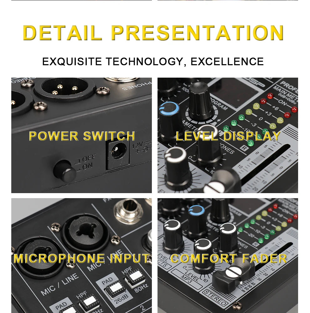 TKL 4 Channel DSP Audio Mixer – 99 Effects, 48V Phantom Power, USB, Bluetooth DJ Console for Karaoke and Studio Sound