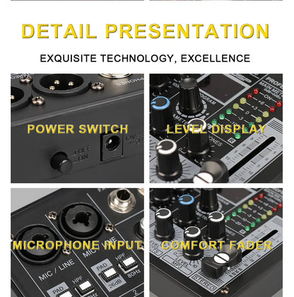 TKL 4-Channel DSP Audio Mixer with 48V Phantom Power, USB, Bluetooth DJ Console for Karaoke Studio Mixing