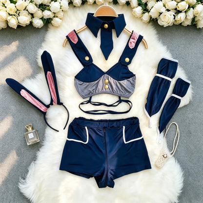 Women’s Ruffled Apron Costume Set - Rabbit-Inspired Maid Cosplay Outfit with Shorts & Headband