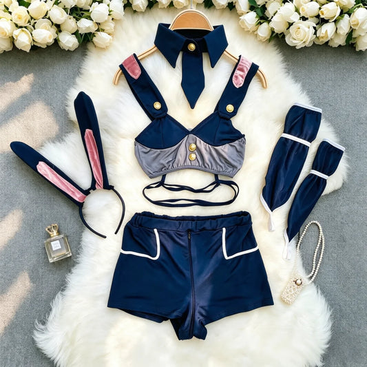 Women’s Ruffled Apron Costume Set - Rabbit-Inspired Maid Cosplay Outfit with Shorts & Headband