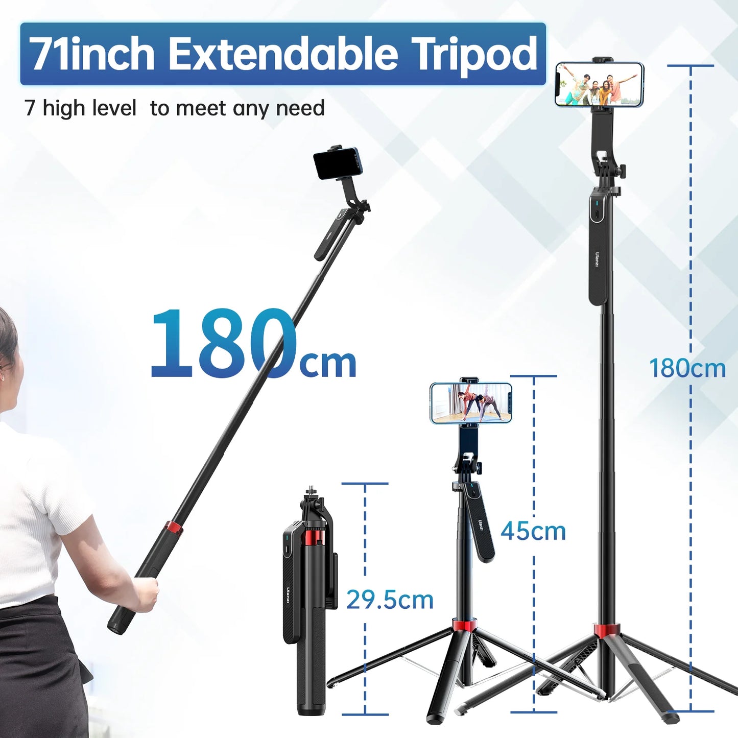 Ulanzi MA09 1.8m Selfie Stick Tripod – Remote Control Tripod for iPhone 16-13 Pro Max & Android with Panoramic Ball Head Holder