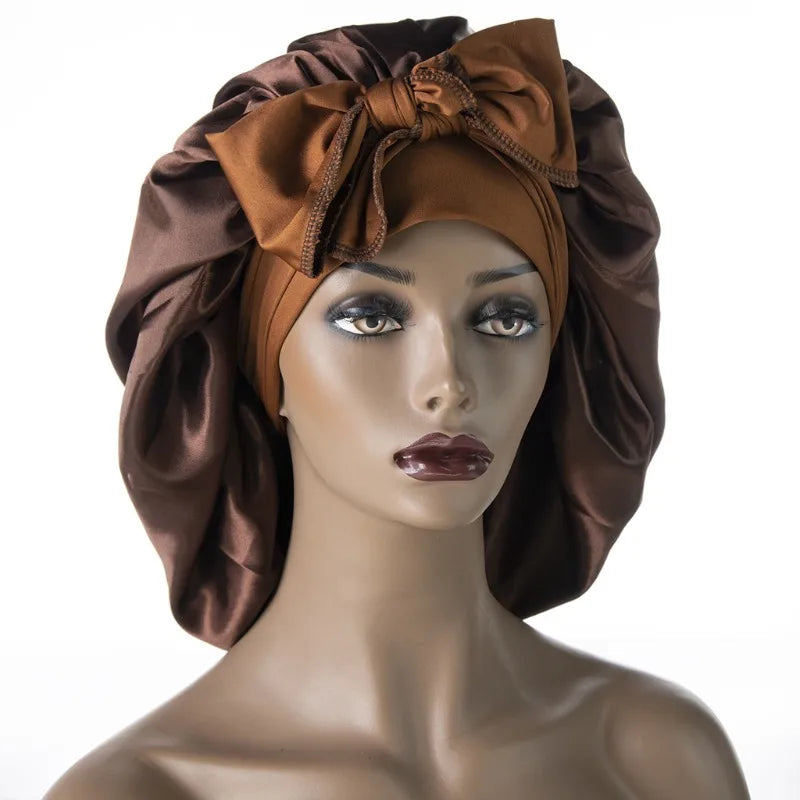 Satin Nightcap for Women - Wide Stretch, Extra-Large Long Tail, Shower Cap with Ribbon, Round Hat Hair Bonnet