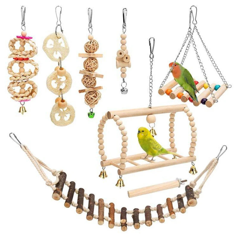 8-Piece Parrot Bird Toy Set: Wooden Articles for Training & Entertainment - Swing, Bell, and Standing Toys Included