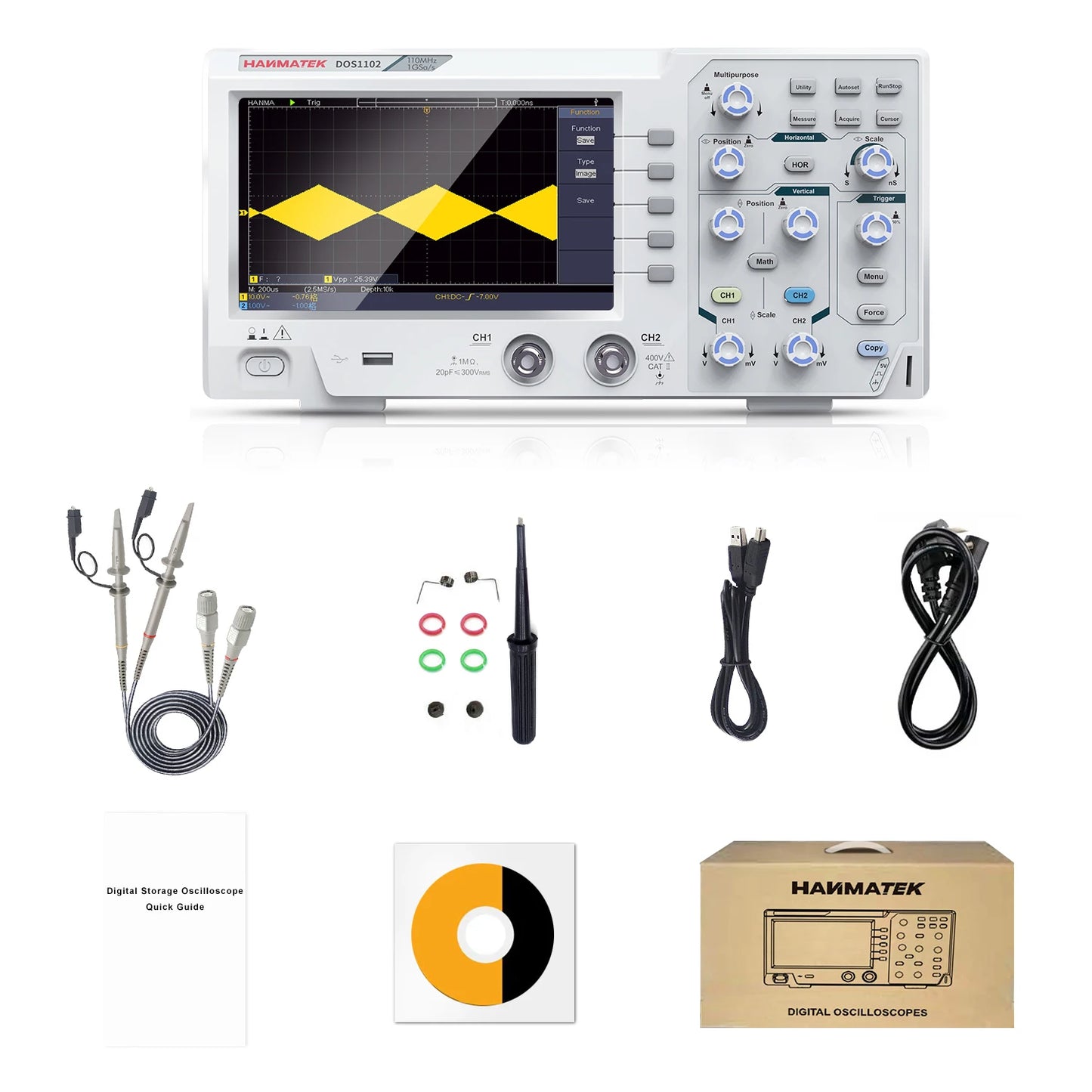 Hanmatek Digital Oscilloscope – 2/4 Channel 110MHz Bandwidth, 1GS/s Sampling Rate, 7'' TFT Display, Desktop Storage Scope
