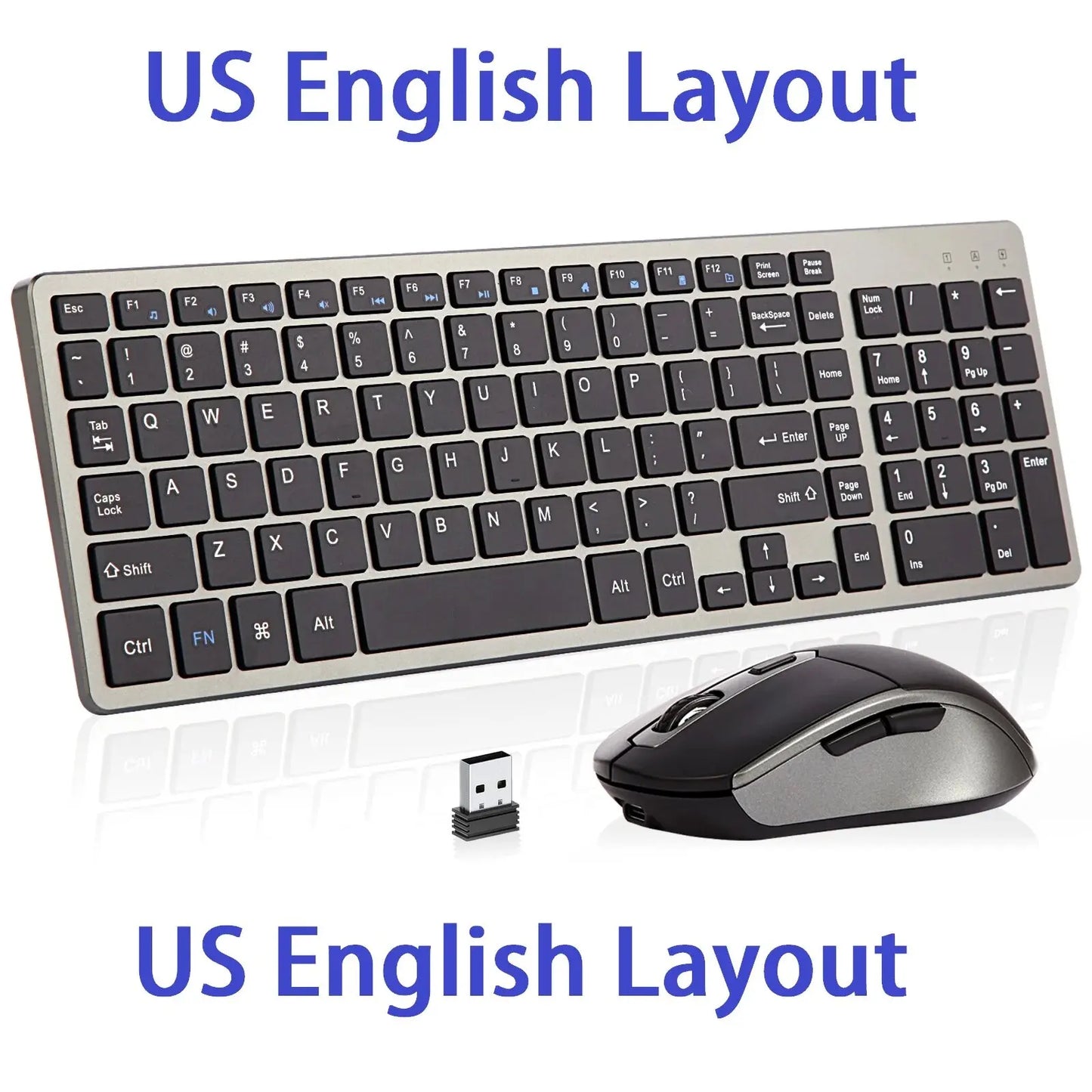 Wireless Keyboard and Mouse Combo – Rechargeable Slim Set with Russian, Hebrew, Korean, English Keycaps & Silent Mouse