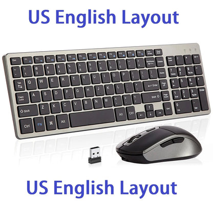 Wireless Keyboard and Mouse Combo – Rechargeable Slim Set with Russian, Hebrew, Korean, English Keycaps & Silent Mouse