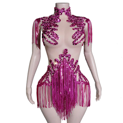 Sexy Shiny Silver Sequin & Black Spandex Jumpsuit — 2025 Women’s Prom, Dancer & Stage Performance Costume