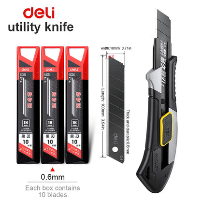 Pro Aluminum Utility Knife 18mm - SK2 Black Blade Heavy-Duty Box Cutter with 10 Replacement Blades