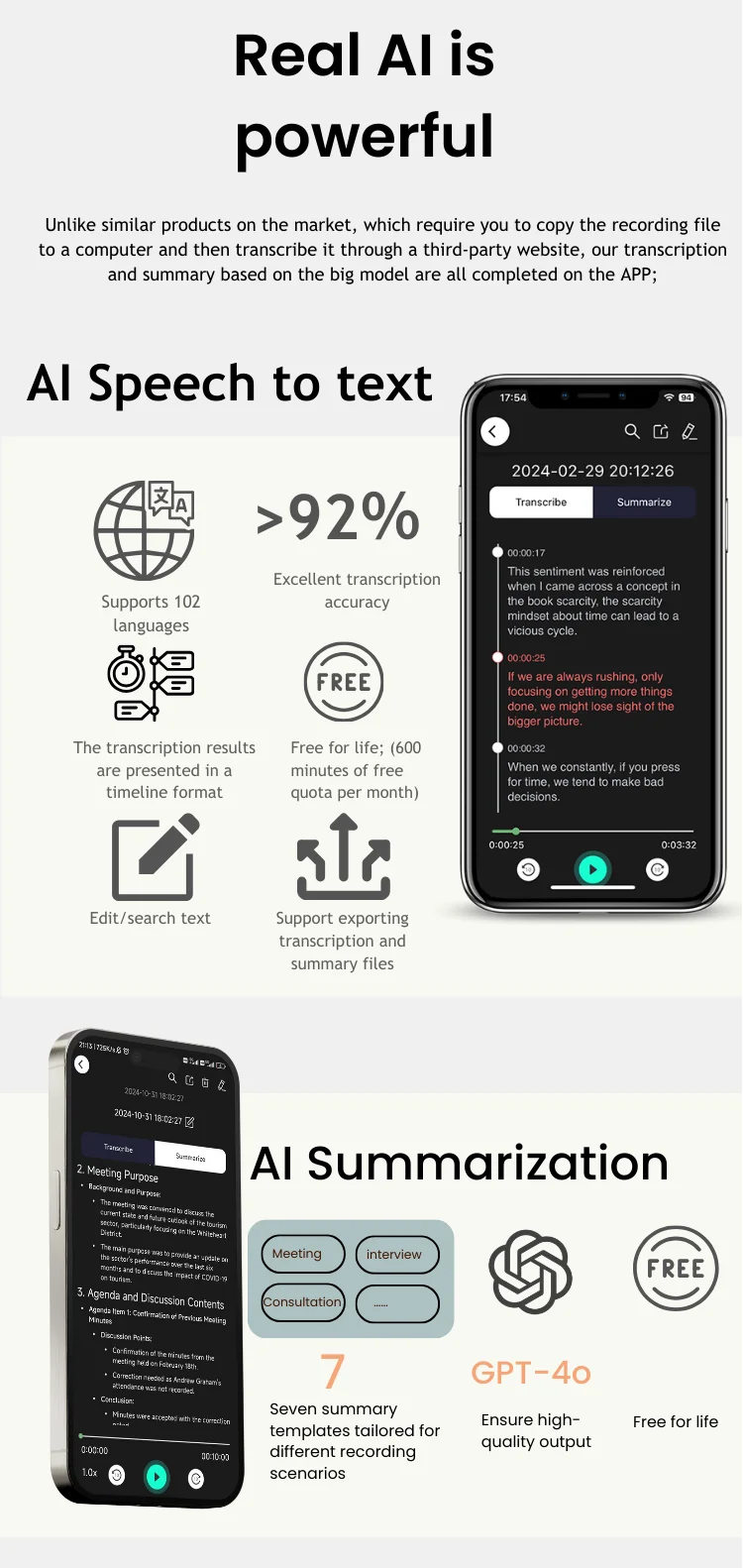 AI Voice & Call Recorder – Speech-to-Text & Summarization, 100 Languages Support, 64GB Storage