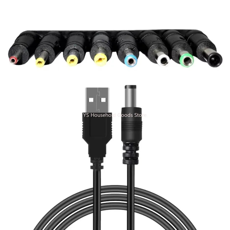 USB to DC 5.5x2.1mm Power Cable - 8-Connector Tips for CCTV Cameras and TV Boxes