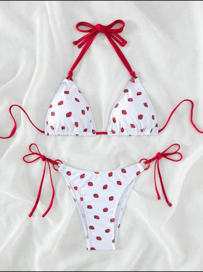Women’s Strawberry Print Halter Bikini Set – Cute Two-Piece Swimwear, Beach Bathing Suit Summer Beachwear Outfit