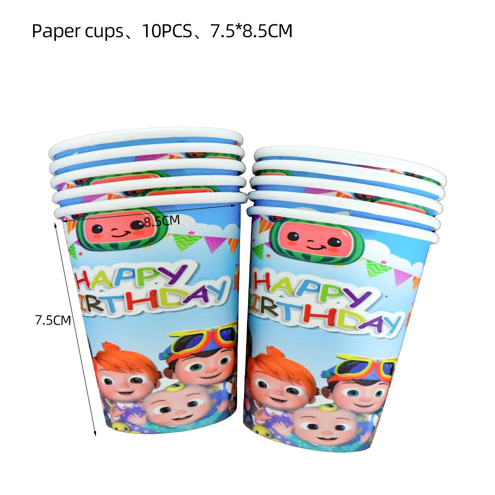 Cartoon JJ Melon Birthday Party Decorations Set – Disposable Tableware, Cups, Plates, Tablecloth, Balloons & Cake Topper for Kids & Baby Shower
