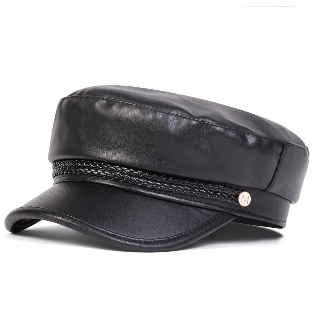 Large Buckle Leather Beret Hat - Fashion Sailor Military Cap for Women and Men