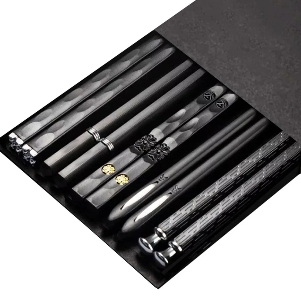 5 Pairs Japanese Reusable Chopsticks – Black Sushi Sticks for Food, Noodles, Alloy Chinese & Korean Kitchen Tableware