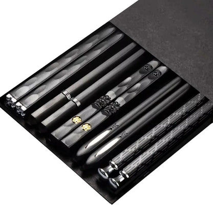 5 Pairs Japanese Reusable Chopsticks – Black Sushi Sticks for Food, Noodles, Alloy Chinese & Korean Kitchen Tableware