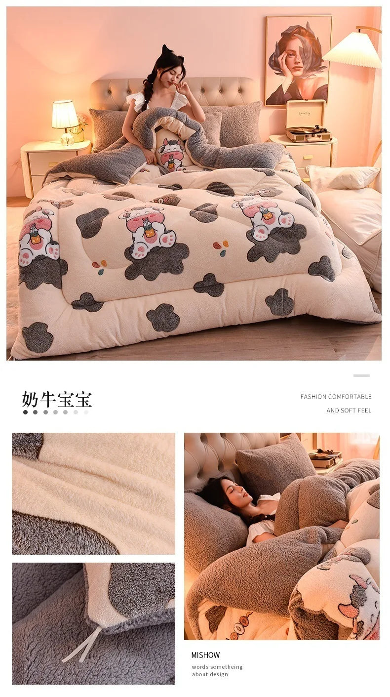 Plush Winter Lamb Velvet Quilt – Thickened Cotton, Double-Sided Warm Lamb Wool Blanket for Single & Double Beds