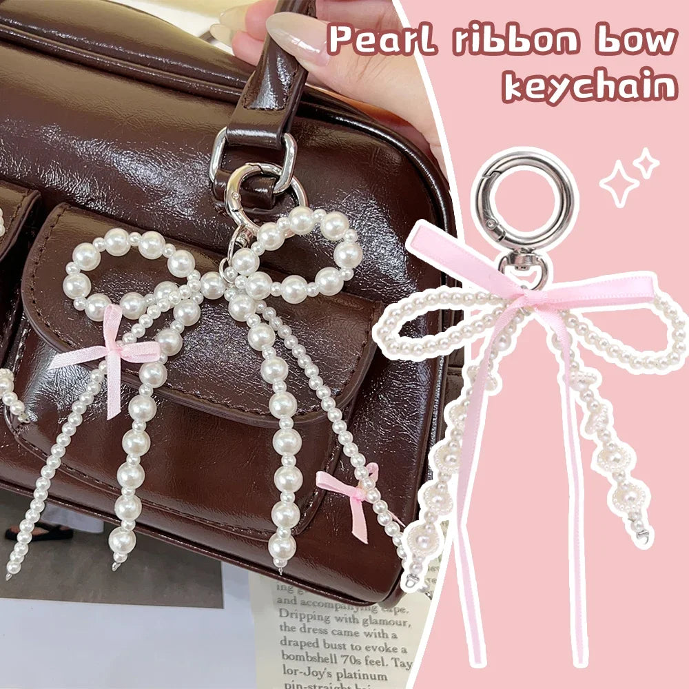 2026 Y2K Pearl Bow Heart Keychain – Cute Aesthetic Bag Charm Keyring Accessory for Girls