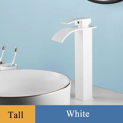 Bathroom Basin Sink Faucet - Deck Mount Waterfall Spout Tap with Single Handle, Hot & Cold Water Mixer for Vanity Washbasin