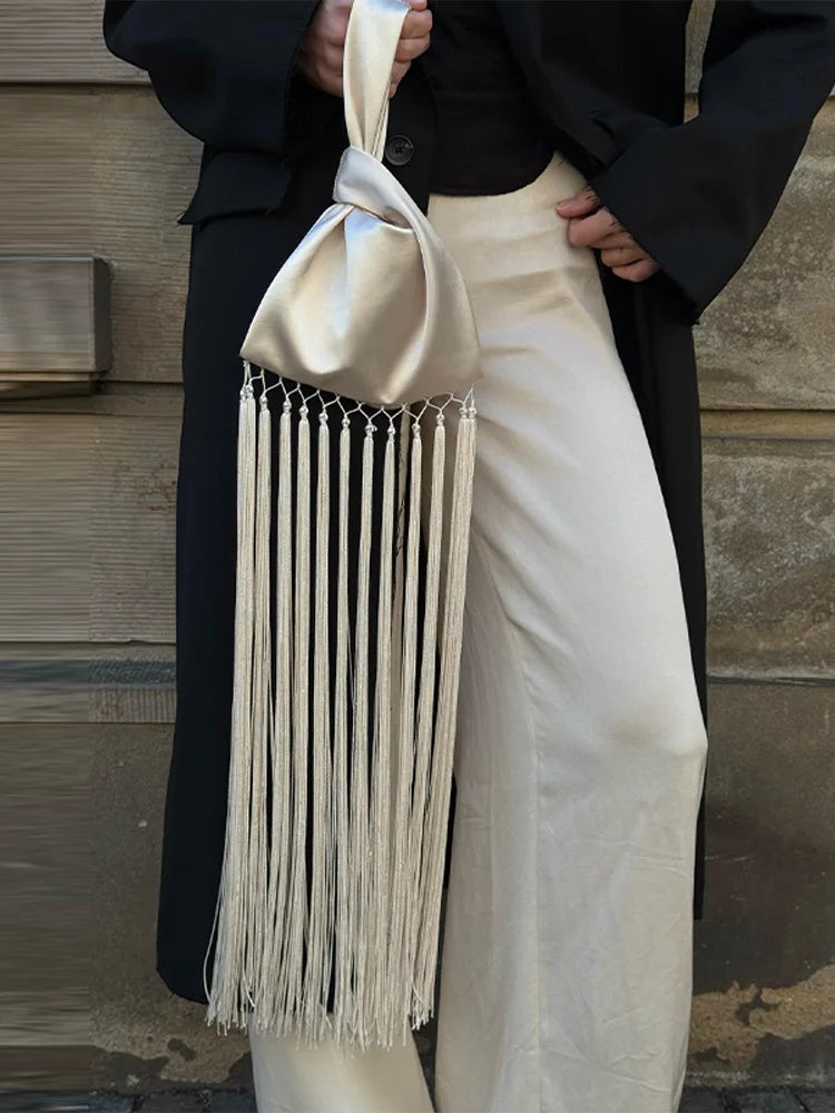 Chic Satin Tassel Patchwork Women’s Handbag – Small Fashion All-Match Shoulder Bag for Spring Summer 2026