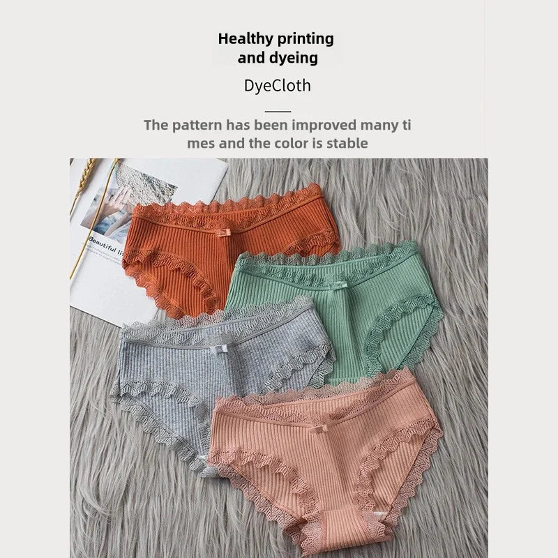 4 Pcs Lace Wavy Trim Bikini Panties - Comfy & Breathable Elastic Women’s Lingerie & Underwear