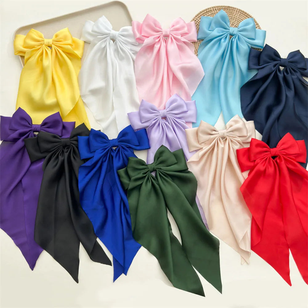 Ladies Satin Oversized Ribbon Bow Hair Clip – White, Pink, Red, Blue, Black, Long Tail Spring Clip for Ponytail Hair Accessories