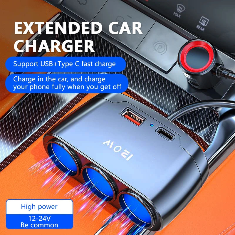 12V/24V Car Charging Adapter - 1-to-3 Power Splitter with USB and PD Fast Charging for Universal Vehicles