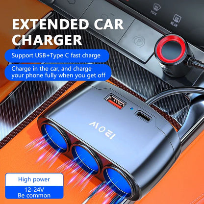 12V/24V Car Charging Adapter - 1-to-3 Power Splitter with USB and PD Fast Charging for Universal Vehicles