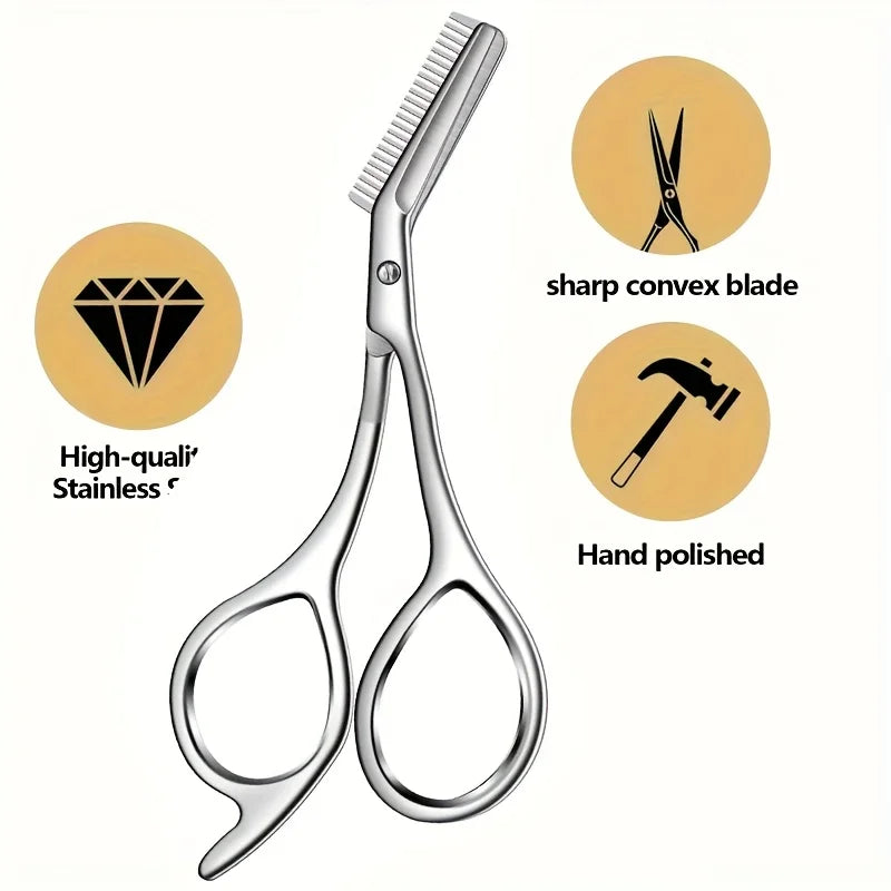 Professional Stainless Steel Eyebrow Scissors with Comb - Hypoallergenic Ergonomic Precision Grooming Tool