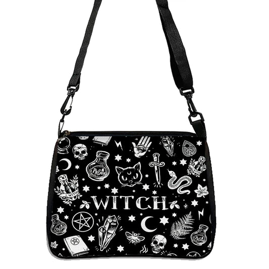 Gothic Cat Printed Shoulder Bag - Halloween Fabric Crossbody Purse, Versatile Small Square Handbag for Women