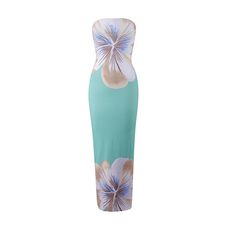 Women’s Floral Strapless Maxi Dress - High Waist Slim Fit Summer Vacation & Evening Party Dress