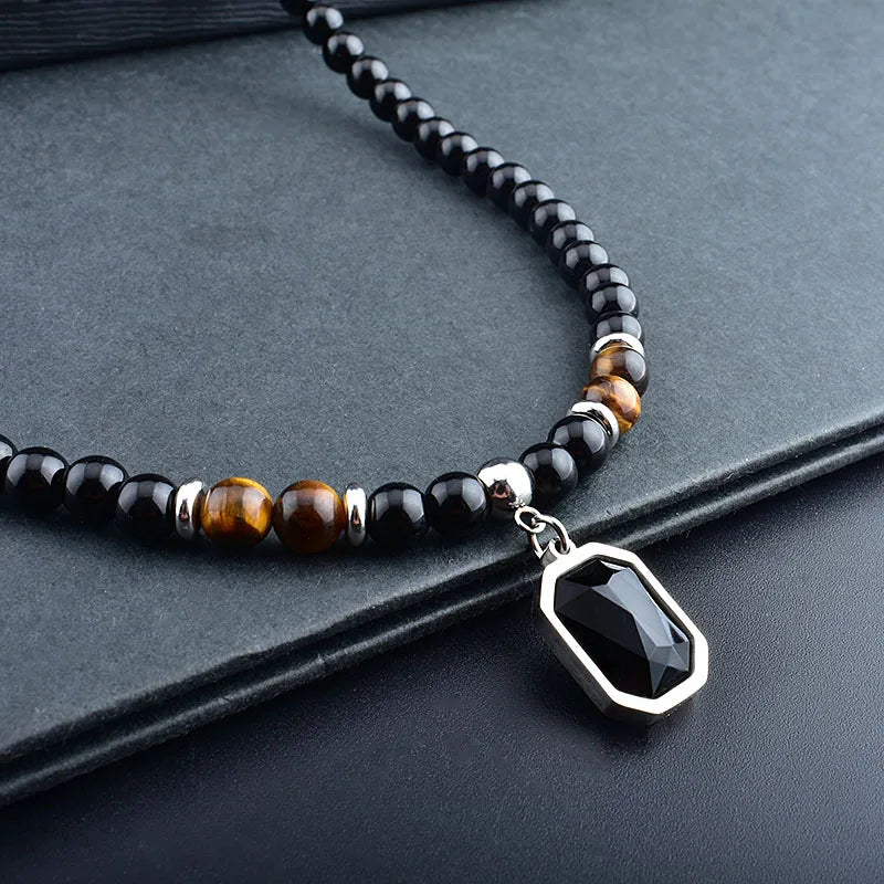 Stainless Steel Tiger Eye and Black Crystal Pendant Necklace for Men – Fashionable Natural Stone Beaded Strand Jewelry