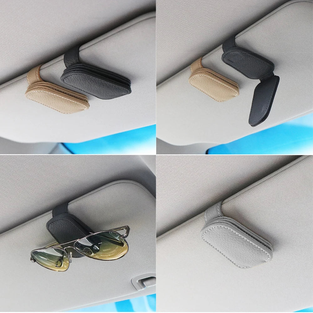 Multifunction Car Sun Visor Glasses Clip - Leather Eyeglasses Holder, Magnetic Sunglasses Hanger, Universal Interior Accessory