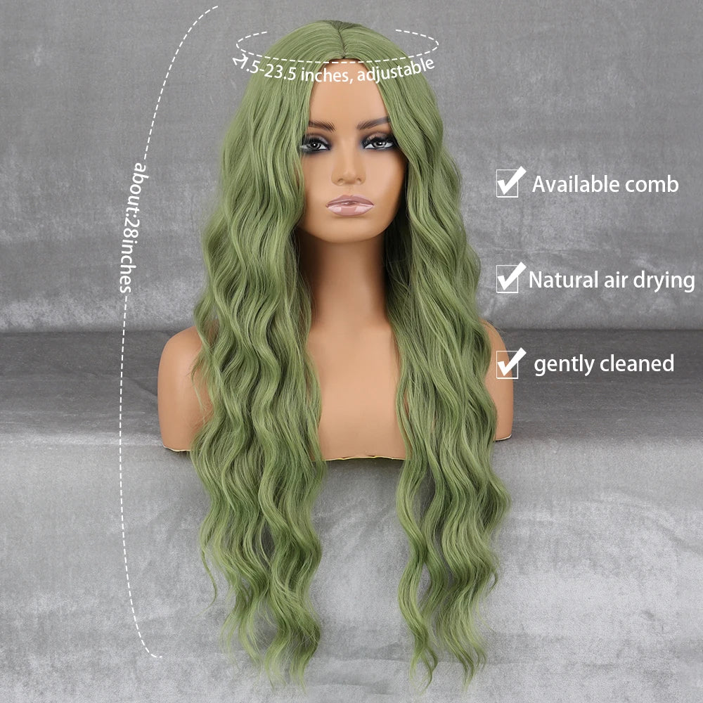 Long Wavy Green Synthetic Wig – Heat-Resistant Women's Cosplay, Party, Lolita Style, Half Part, Red/Black/Pink