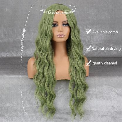 Long Wavy Green Synthetic Wig – Heat-Resistant Women's Cosplay, Party, Lolita Style, Half Part, Red/Black/Pink