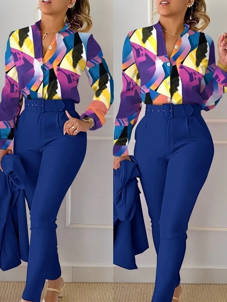 Women’s Autumn Winter Two-Piece Set – Stand Neck Floral Shirt & Pants with Belt, Elegant Casual Outfit
