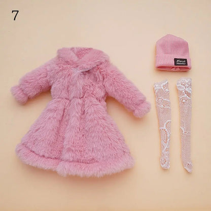 30CM Doll Clothes Set – Fashion Tops, Fur Overcoat, Knitted Hat & Colorful Lace Stockings for 1/6 BJD Doll Accessories