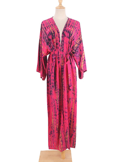 Tie-Dye Bikini Cover Up Kimono – Bohemian Beach Swimsuit Cape Pareo Dress with Belted Wrap Style Summer Swimwear Cover-Up