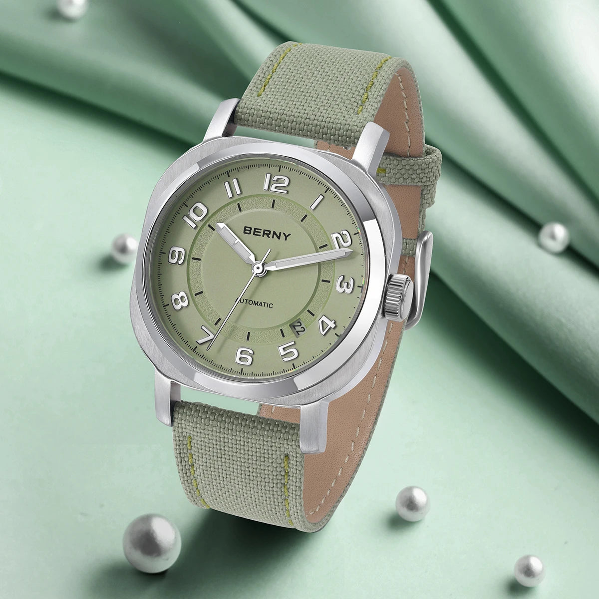 BERNY Women’s Mechanical Watch — Self-Wind Pillow Cushion Design with Sapphire Crystal, Super Luminous Display, Canvas Strap, and Calendar Function