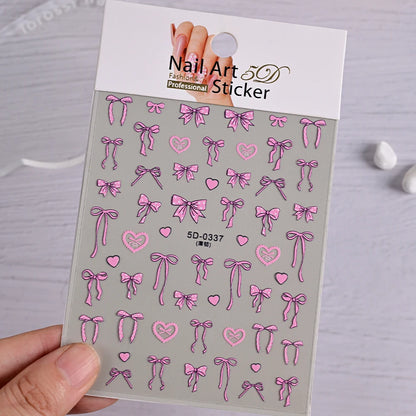 5D Pink & White Bowknot Nail Stickers – Self-Adhesive Kawaii Ribbon Nail Art Decals for DIY Manicure & Nail Decoration